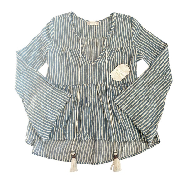 Nwt $80 Altar'd State Blue Gold Striped Blouse with Tassels - Picture 1 of 8